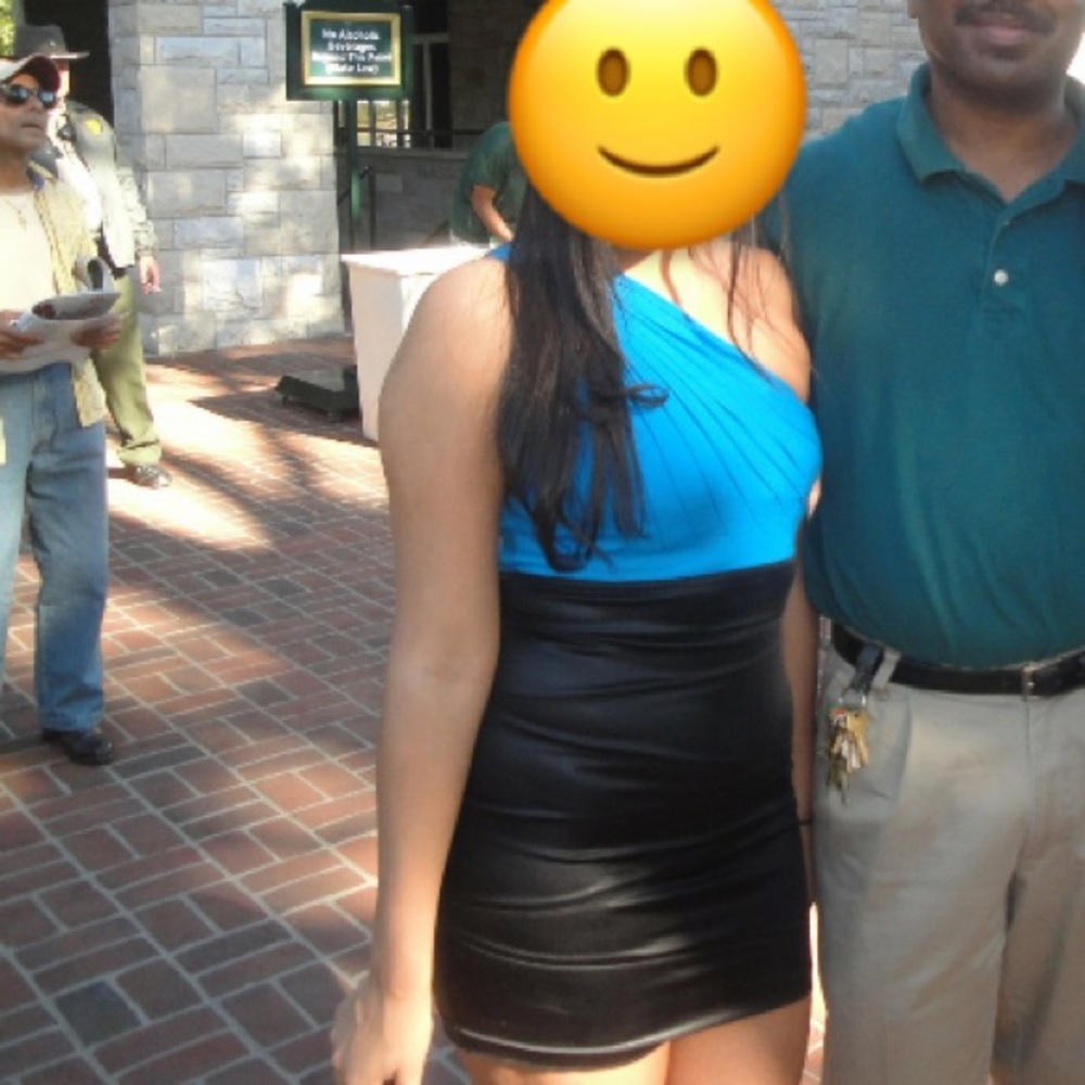 XS black and blue mini dress.